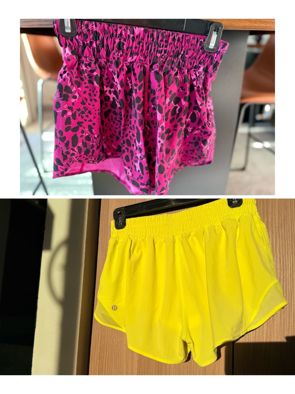 Lululemon bundle of 2 shorts size 6 like new. Yellow and pink animal print EUC